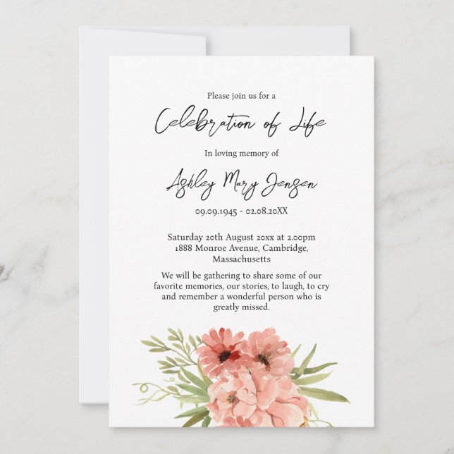 Invitación Zinnia Celebración de la Vida Funeral (Anverso)