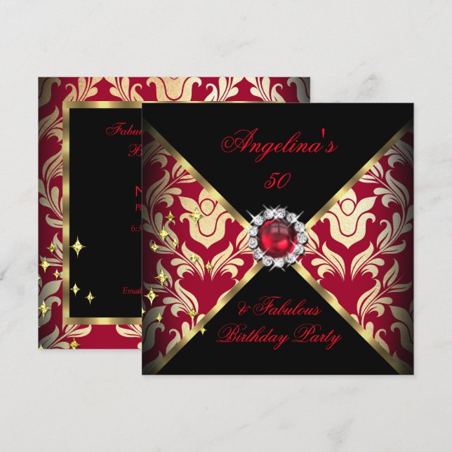 Invitación ZIZZAGO DISEÑO Fabuloso 50 Red Gold Damask Fiesta (Anverso / Reverso)