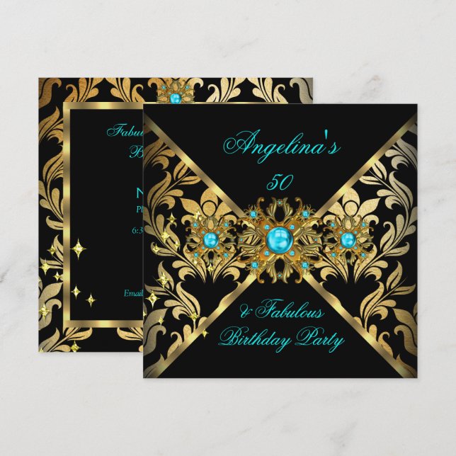 Invitación ZIZZAGO DISEÑO Fabuloso Verde azulado Oro Negro Da (Anverso / Reverso)