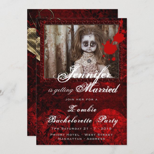 Invitación ZOMBIE BRIDE DOLL Bachelorette Party Halloween (Anverso / Reverso)