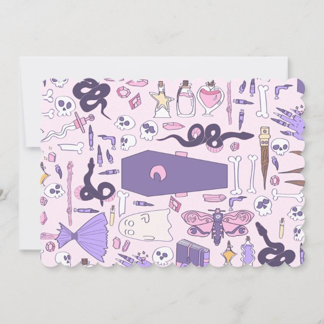 Invitación zombie bruja de ataúd de halloween rosa dibujada a (Anverso)
