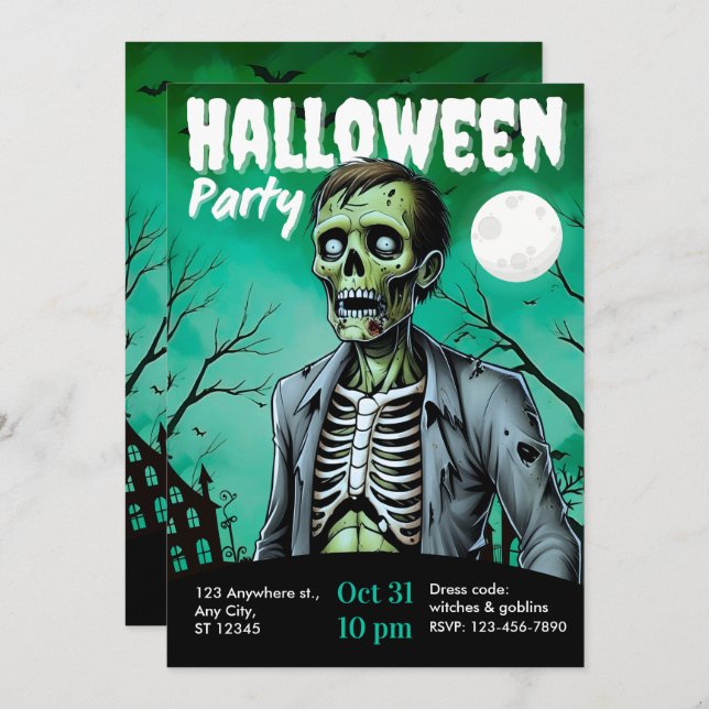 Invitación Zombie Skeleton Halloween Party Invite Adults (Anverso / Reverso)