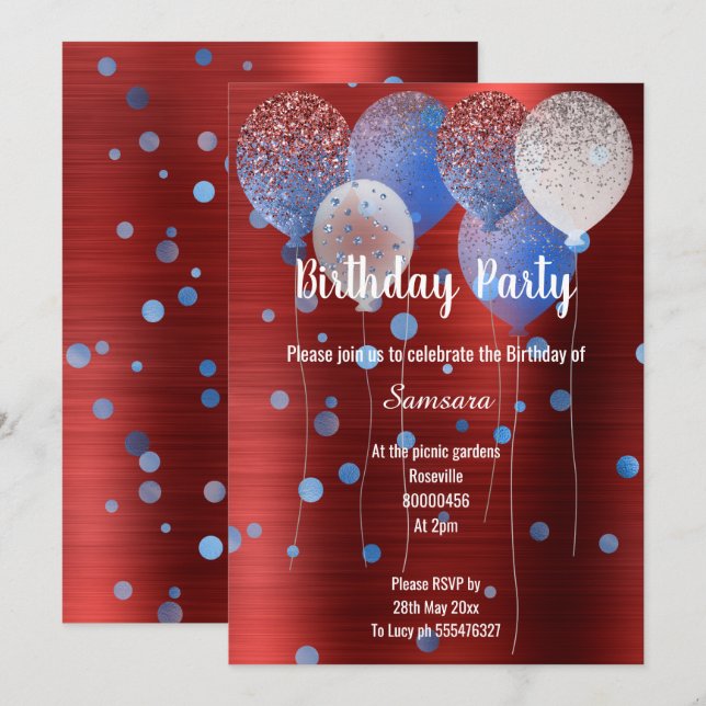 INVITACIÓN ZONA DE BALLÓN DE CUMPLEAÑOS METÁLICO Y AZUL ROJO (Anverso / Reverso)