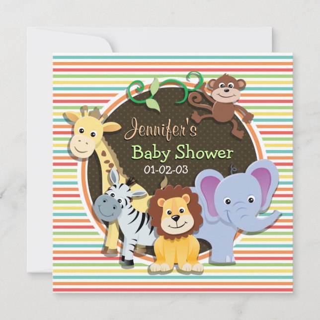 Invitación Zoo Animals Baby Shower, franjas de arcoiris brill (Anverso)