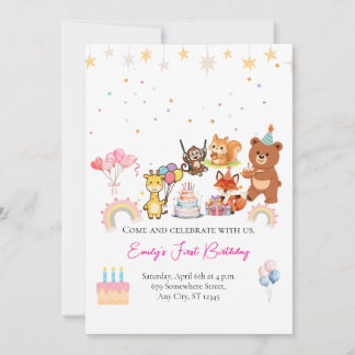 Invitación Zoo animals cute first birthday invitation