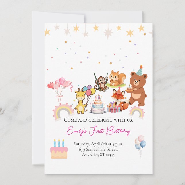 Invitación Zoo animals cute first birthday invitation (Anverso)