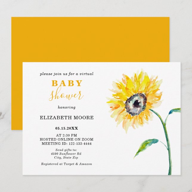 Invitación Zoom neutral del tema del girasol de Baby Shower v (Anverso / Reverso)
