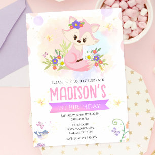 Invitación Zorra Floral del Bosque Adorable Cumpleaños 1
