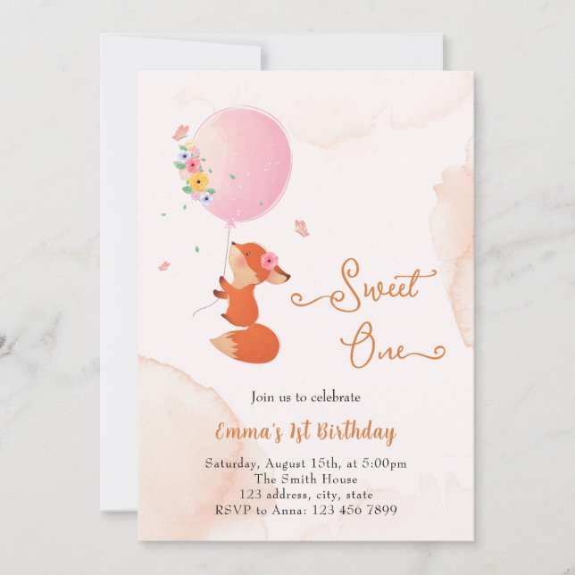Invitación Zorrito bebé volando con globo (Anverso)