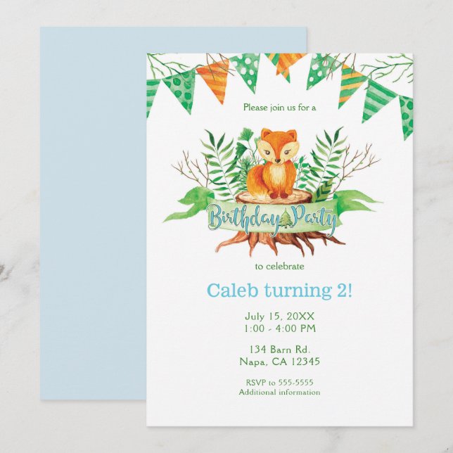 Invitación Zorrito en el bosque Acuarela Fiesta de Cumpleaños (Anverso / Reverso)
