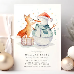 Invitación Zorro de acuarela de Navidad, muñeco de nieve, fie