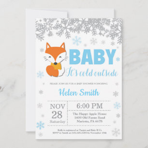 Invitación Zorro Invierno Azul Niño Baby Shower Copo de Nieve