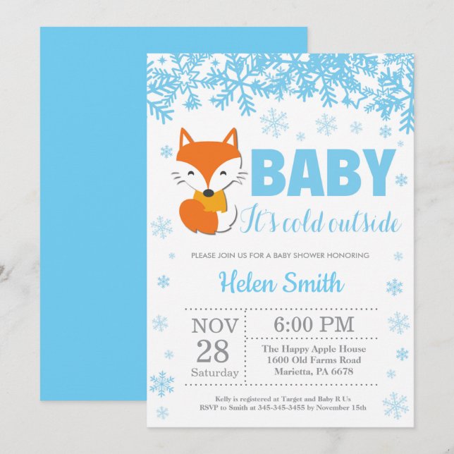 Invitación Zorro Invierno Azul Niño Baby Shower Copo de Nieve (Anverso / Reverso)
