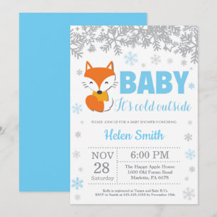Invitación Zorro Invierno Azul Niño Baby Shower Copo de Nieve