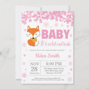 Invitación Zorro Invierno Rosa Niña Baby Shower Copo de Nieve