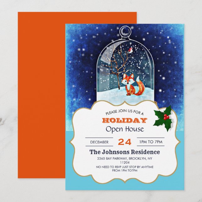 Invitación zorro lindo dentro de un globo de nieve (Anverso / Reverso)