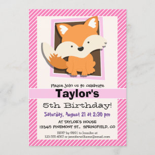 Invitación Zorro lindo en franjas rosadas y blancas