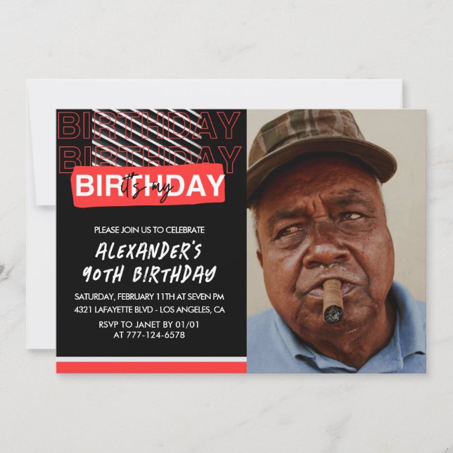 invitaciones 90 cumpleaños Hombres Fiesta Foto Roj (Anverso)