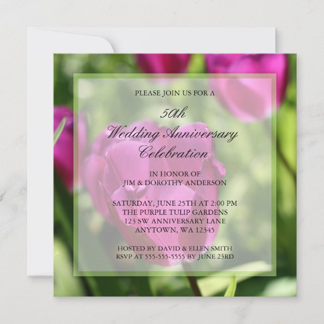 Invitaciones a 50 años Bodas de Tulipanes Morados (Anverso)