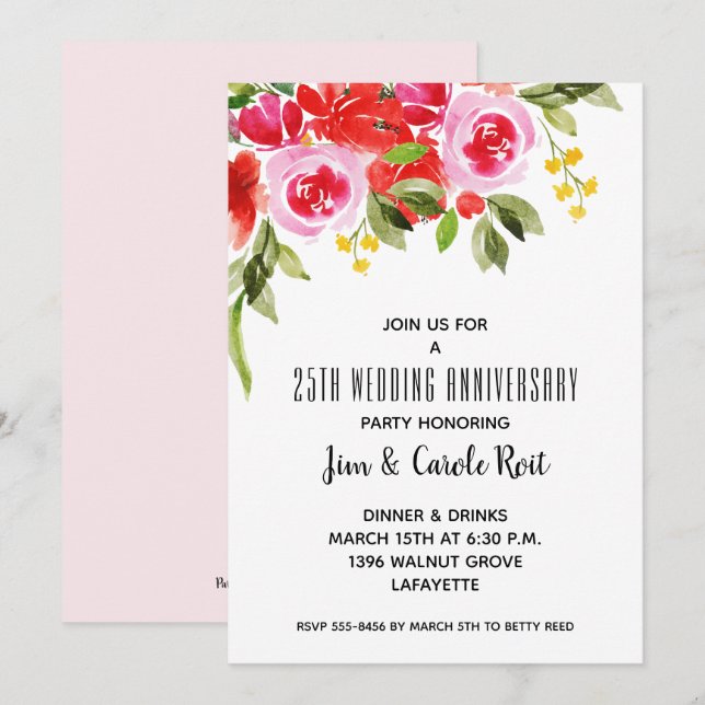 Invitaciones a Aniversario Floral de color Rojo Ro (Anverso / Reverso)