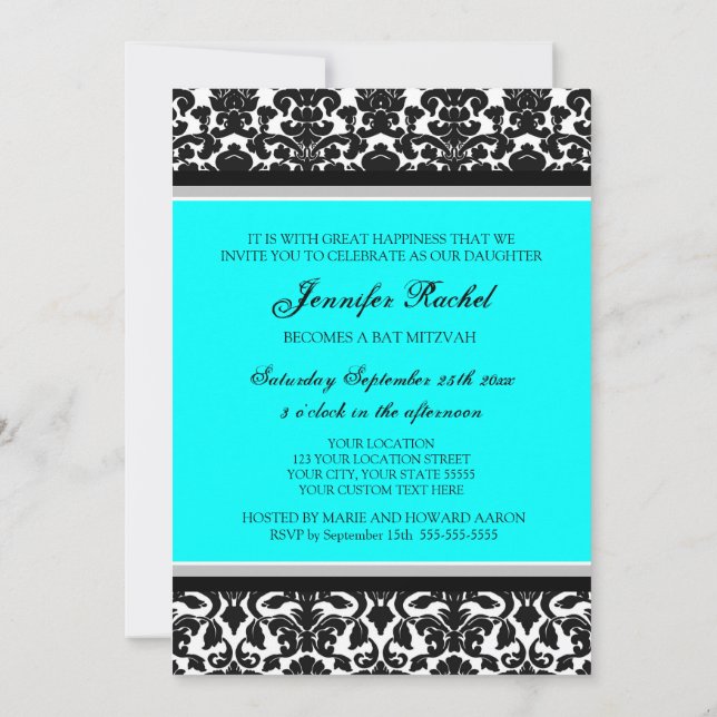 Invitaciones a Aqua Damask Bat Mitzvah (Reverso)