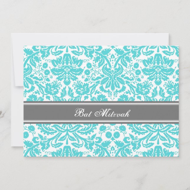 Invitaciones a Aqua Gray Damask Bat Mitzvah (Anverso)