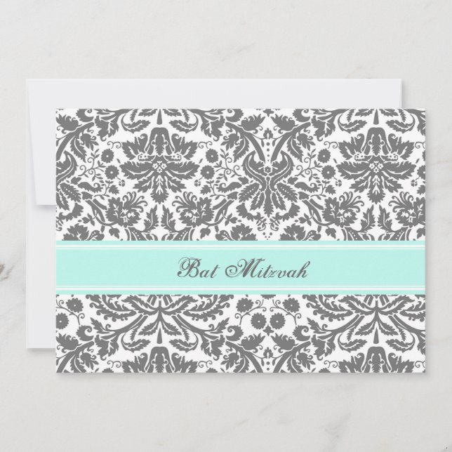Invitaciones a Aqua Gray Damask Bat Mitzvah (Anverso)