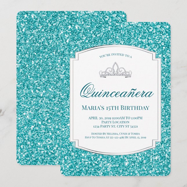 Invitaciones a Aqua Purpurina Quinceañera (Anverso / Reverso)