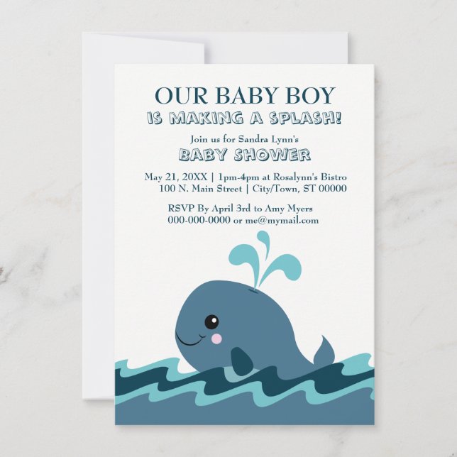 Invitaciones a Baby Shower azul con tema de ballen (Anverso)