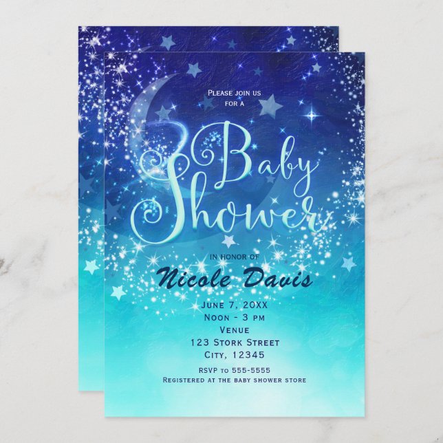 Invitaciones a Baby Shower Celestial Moon Sparkle (Anverso / Reverso)