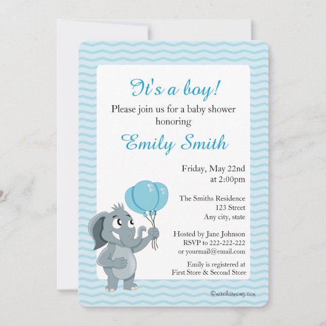 Invitaciones a baby shower de elefante de dibujos  (Anverso)
