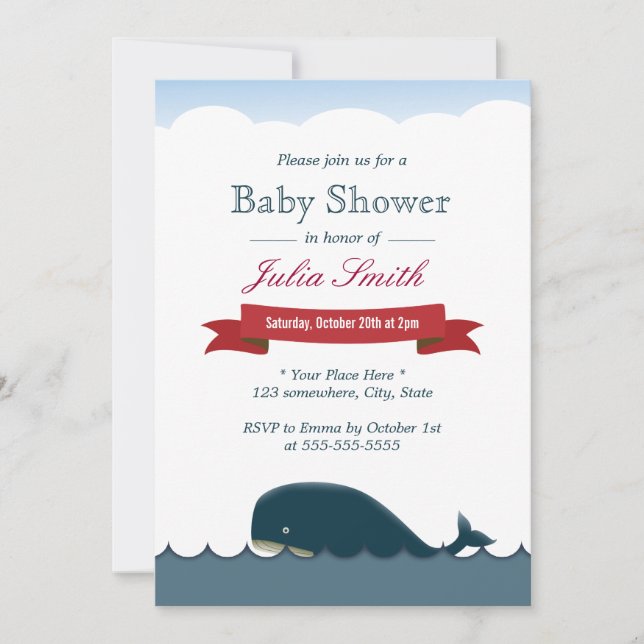 Invitaciones a bañador de ballena azul y mar (Anverso)