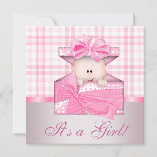Invitaciones a bañador de bebé de Pink Gingham Bab (Anverso)
