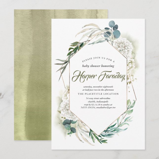 Invitaciones a bañador de hidrangea blanca verde (Anverso / Reverso)