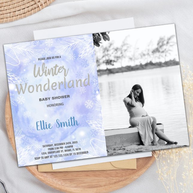 Invitaciones a bañador de invierno plateado con fo (Winter Baby Shower Invitations Silver with photo)