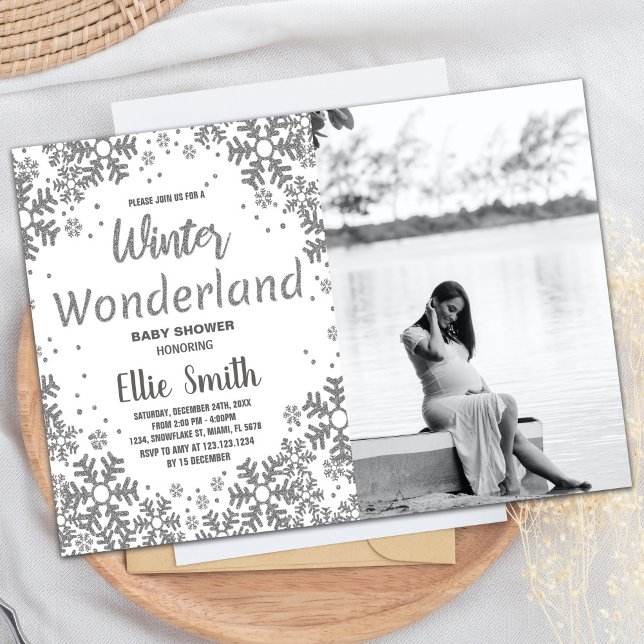 Invitaciones a bañador de invierno plateado con fo (Winter Baby Shower Invitations Silver with photo)