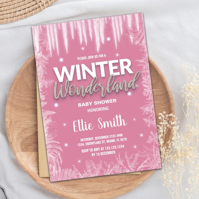 Invitaciones a bañador de invierno Purpurina de hi (Winter Baby Shower Invitations Ice Glitter Pink)