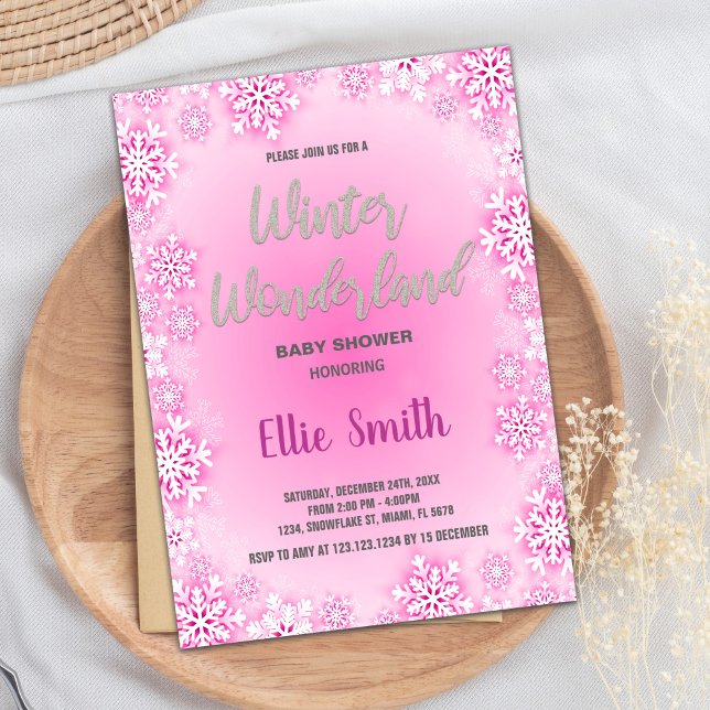 Invitaciones a bañador de invierno Purpurina de ni (Winter Baby Shower Invitations Pink Snow Glitter)