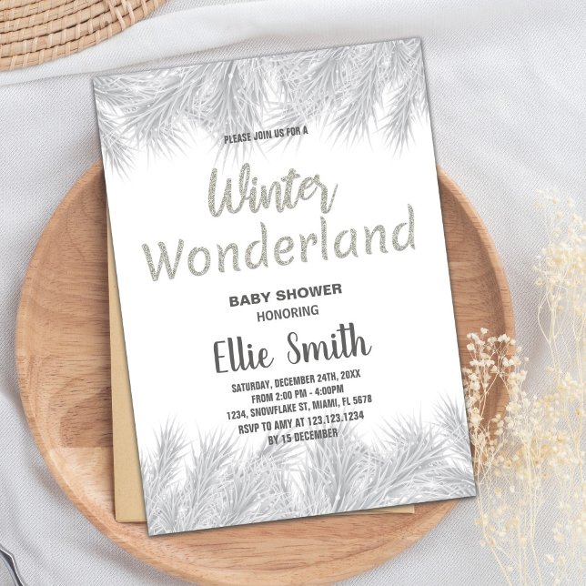 Invitaciones a bañador de invierno Purpurina de pl (Winter Baby Shower Invitations Silver Glitter Pine)