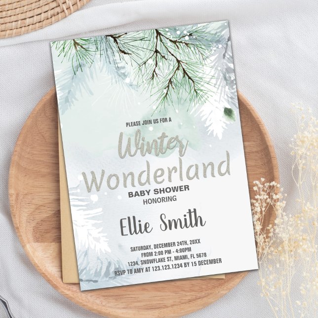 Invitaciones a bañador de invierno Purpurina de vi (Winter Baby Shower Invitations Pine Glitter Silver)