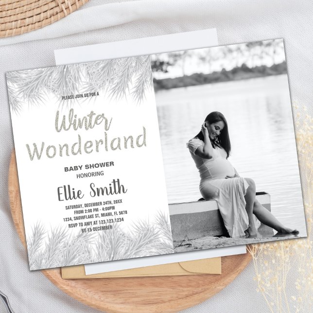 Invitaciones a bañador de invierno Purpurina Pine  (Winter Baby Shower Invitations Glitter Pine Photo)