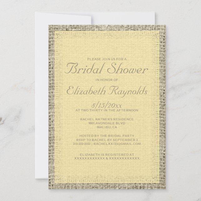 Invitaciones a bañador de novias con Burlap de oro (Anverso)