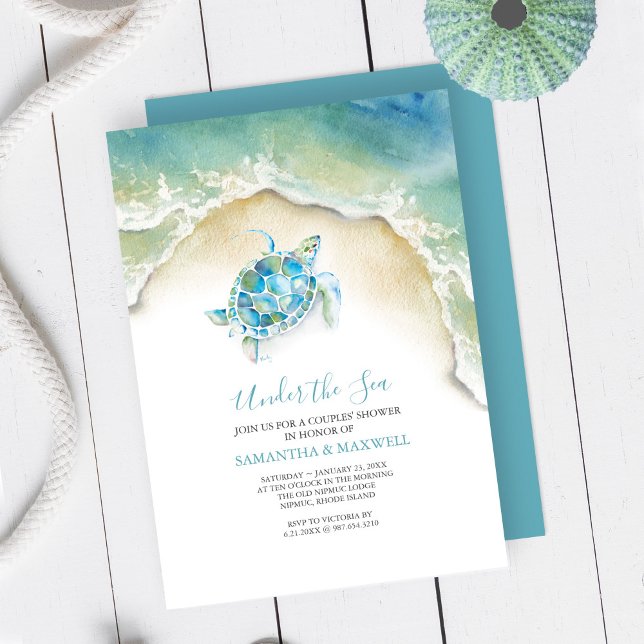Invitaciones a bañarse en una playa neutral de gén (Baby shower invitations watercolor sea turtle art by Victoria Grigaliunas Do Tell A Belle)