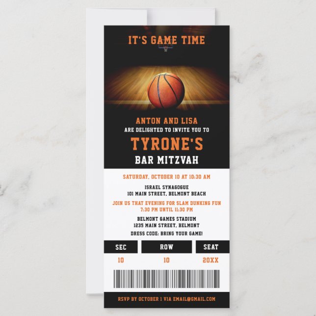 Invitaciones a Bar Mitzvah | Billete de baloncesto (Anverso)