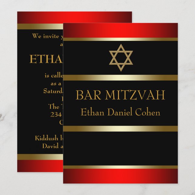 Invitaciones a Bar Mitzvah rojas (Anverso / Reverso)