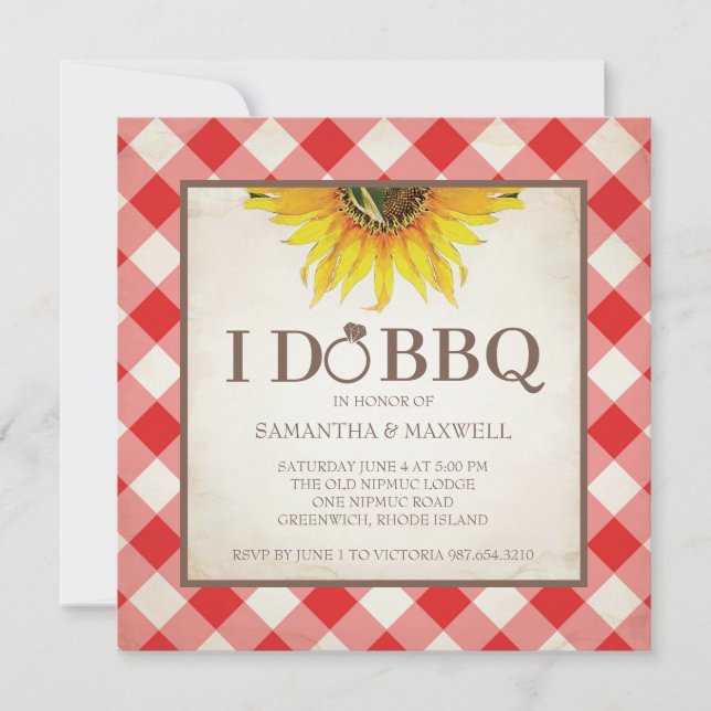 Invitaciones a barbacoa Red Gingham y Sunflower (Anverso)