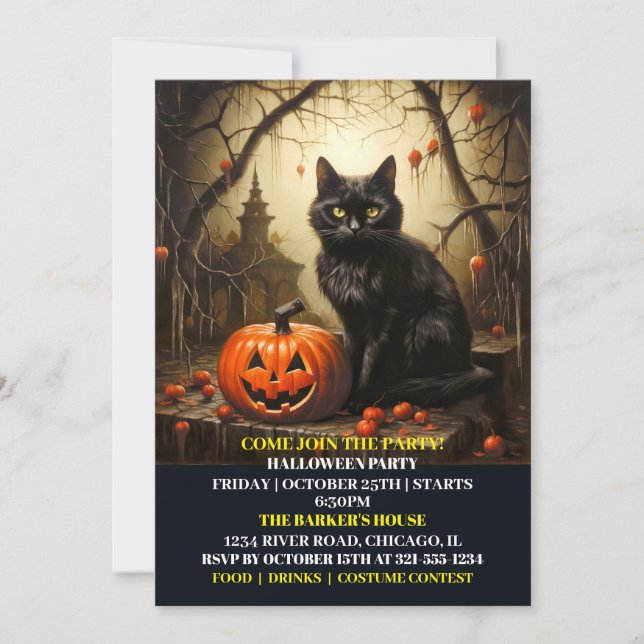 Invitaciones a Bash de Gato Negro Kitty Halloween (Anverso)