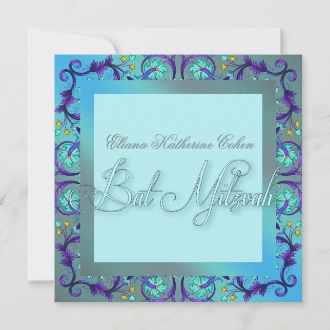 Invitaciones a Bat Mitzvah Azules Verde (Anverso)