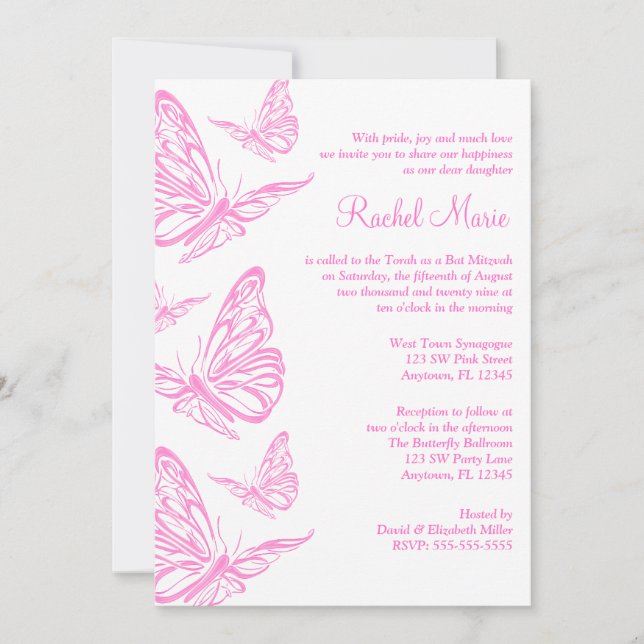 Invitaciones a Bat Mitzvah con mariposa rosa bonit (Anverso)