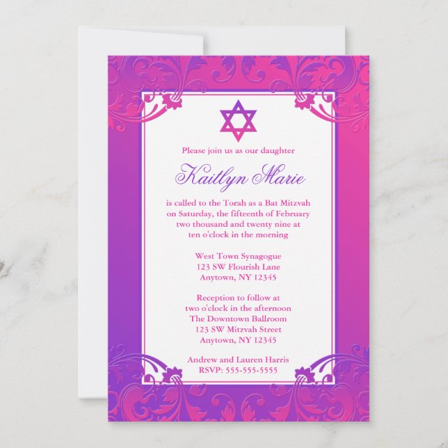 Invitaciones a Bat Mitzvah con sabor a rosa morado (Anverso)